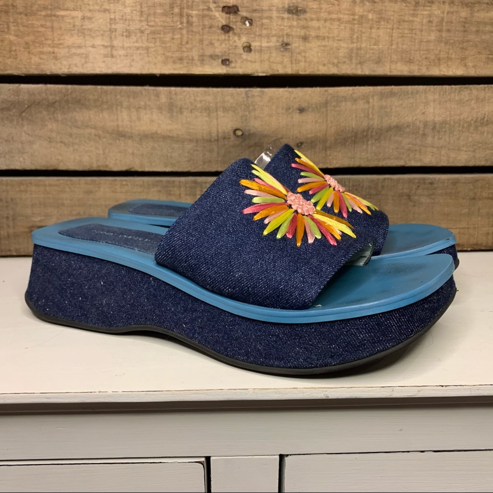VINTAGE Nine West Y2K Denim Square Toe Embroidered Platform Slides Size 7.5 - Picture 1 of 12